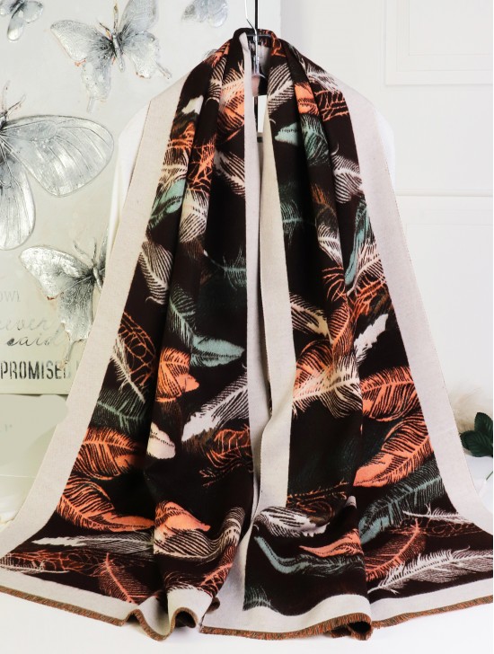 Reversible Cashmere Feeling Feather Print Premium Scarf